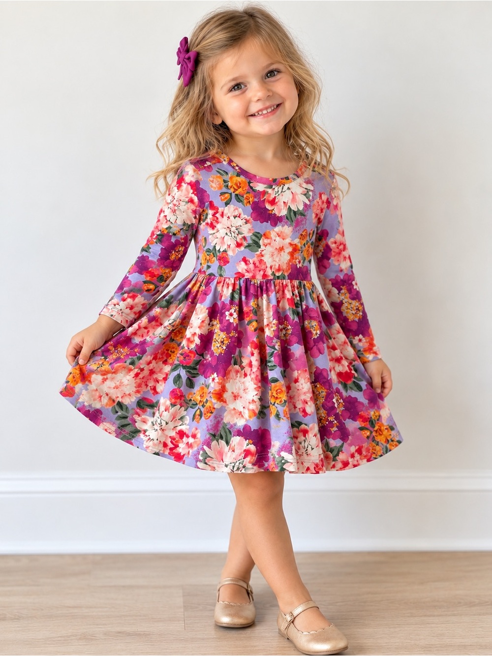 RuffleButts Girls Floral Long Sleeve Twirl Dress Purple Pink Size 2T